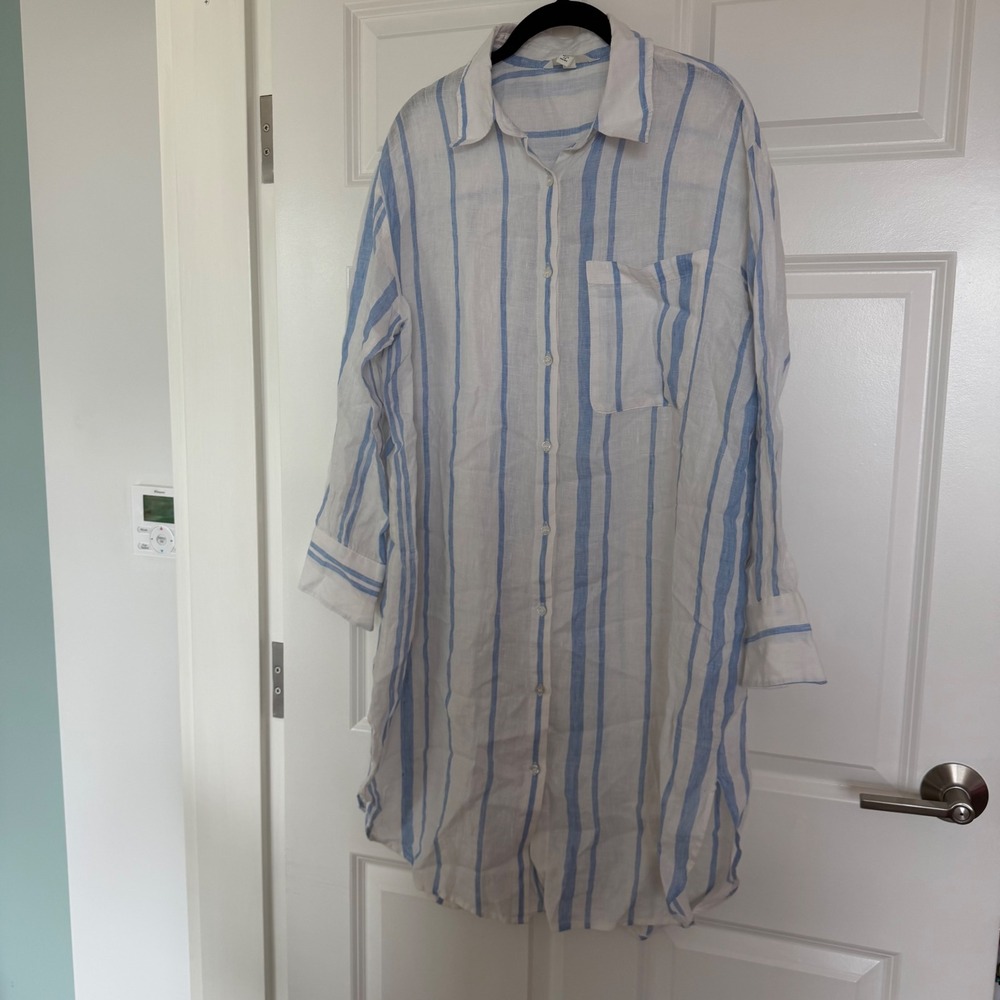 H&M Shirt Dress Women S Blue White Striped Linen Button Down Long Sleeve Pocket